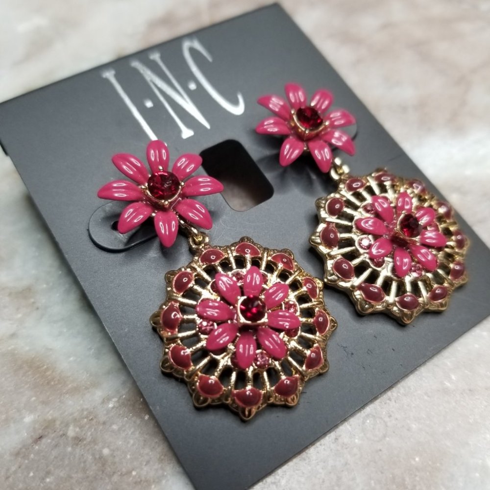 INC International Concepts Gold-Tone Red Embellished Flower Pink Earrings